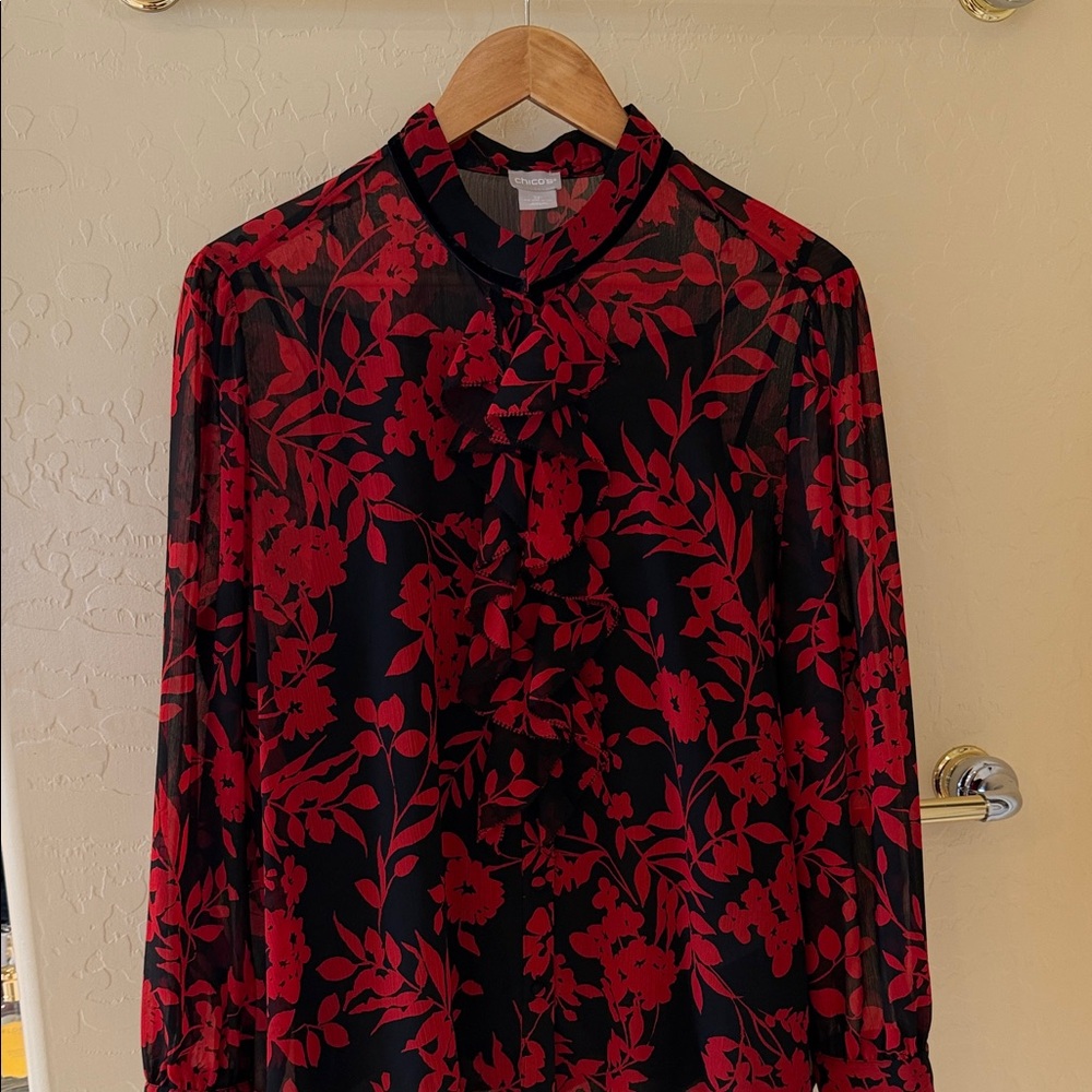 Black & Red Sheer Blouse with Red Floral Print